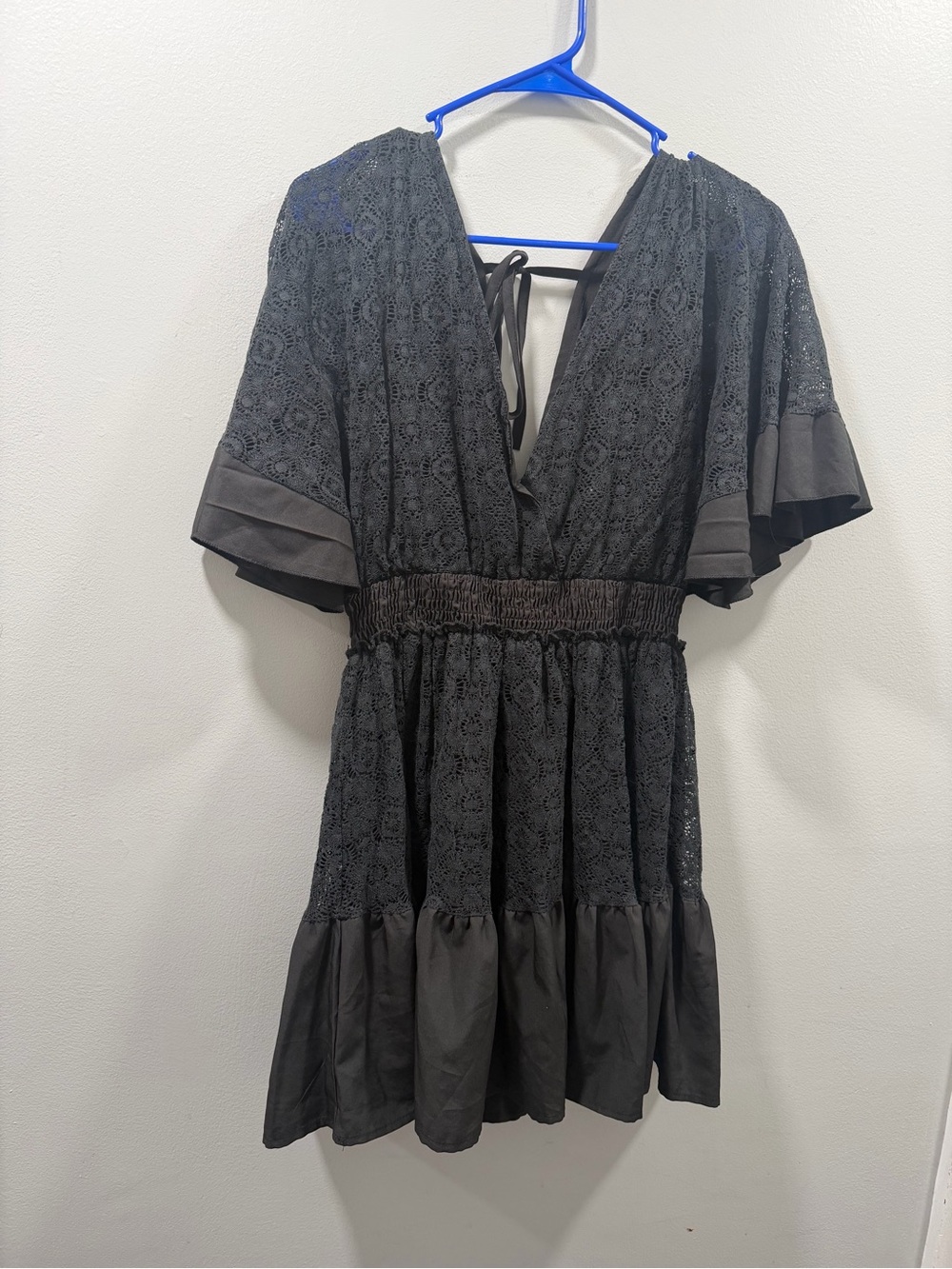 Amazon Black Lace V-Neck Short Dress with Smocked Waist size L